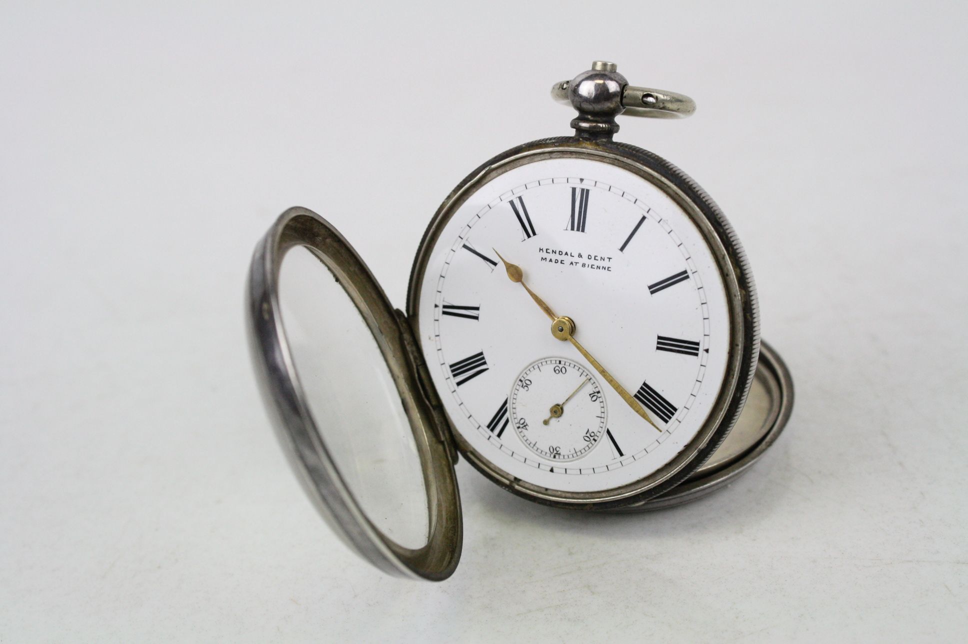 Key wind Swiss 935 Silver Pocket Watch, the Enamel dial marked "Kendal & Dent made at Bienne" with - Image 5 of 5