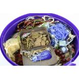 Box of costume jewellery to include bead necklaces, shell pendant with cluster pearls, earrings,