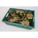 Box containing quantity of brass and copper ware to include candlesticks, PO scales, chestnut pan,