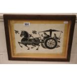 Framed oriental black ink woodblock of figures in a horse driven cart