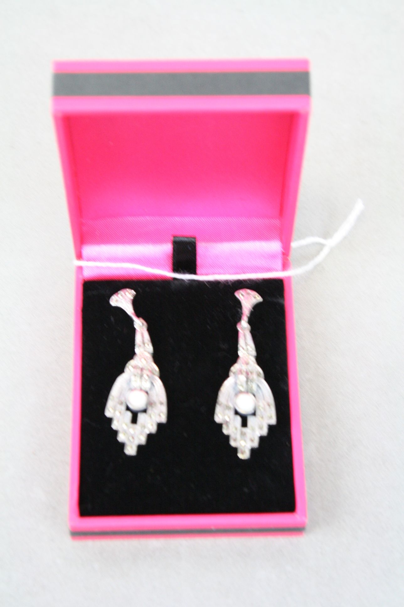 Pair of silver Art Deco style drop earrings with opal panels