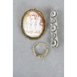 Vintage White metal & Rock crystal Brooch, stone set Yellow metal Ring plus a Three Graces Shell