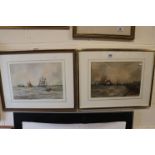 Aubrey Ramus, pair of 20th century watercolours, tall ships in a storm and one other similar, approx