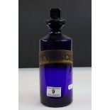 19/20th C Blue glass Apothecary bottle marked with label Oxym,Scill, with stopper