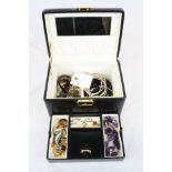 Jewellery box and contents including gold and silver rings, silver chains, earrings etc