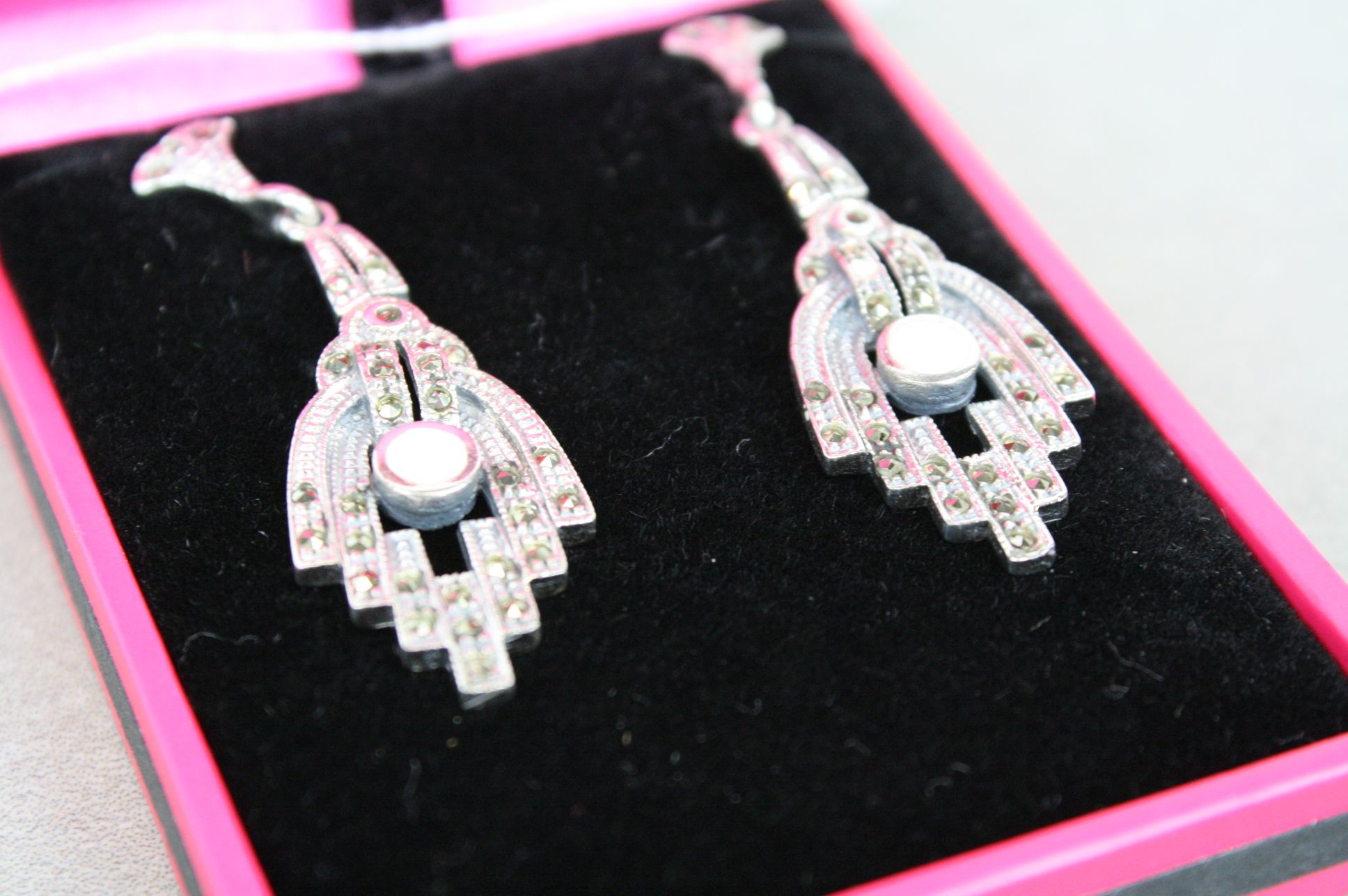 Pair of silver Art Deco style drop earrings with opal panels - Image 2 of 2