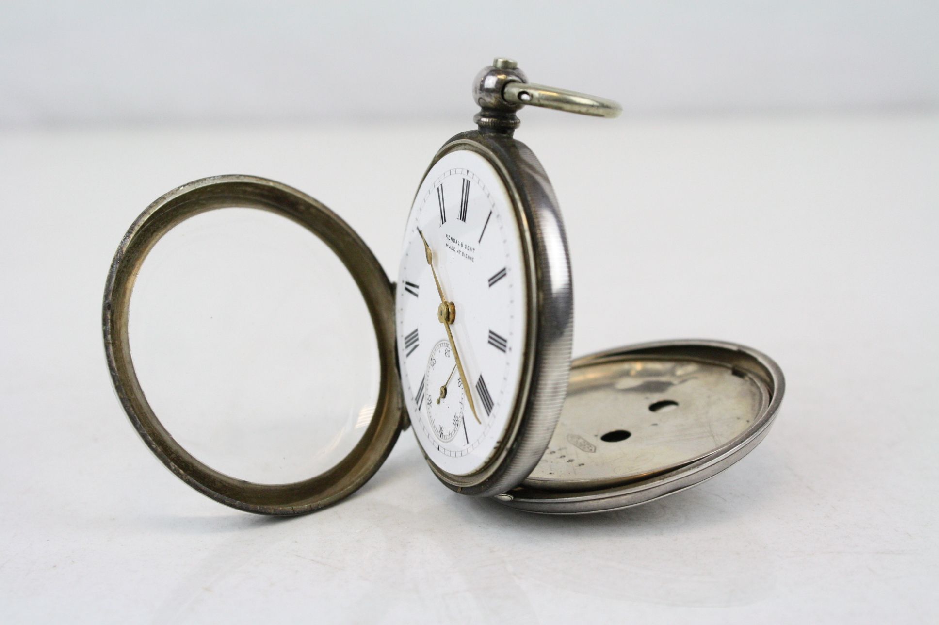 Key wind Swiss 935 Silver Pocket Watch, the Enamel dial marked "Kendal & Dent made at Bienne" with - Image 3 of 5