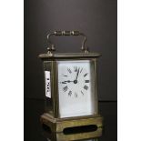 Brass & bevelled Glass Carriage Clock with Enamel dial & key, measures approx 11 x 8 x 6cm