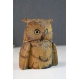 Early 20th century carved wood inkwell in the form of a long eared owl with glass eyes