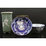 Two oriental dishes and a celadon style vase