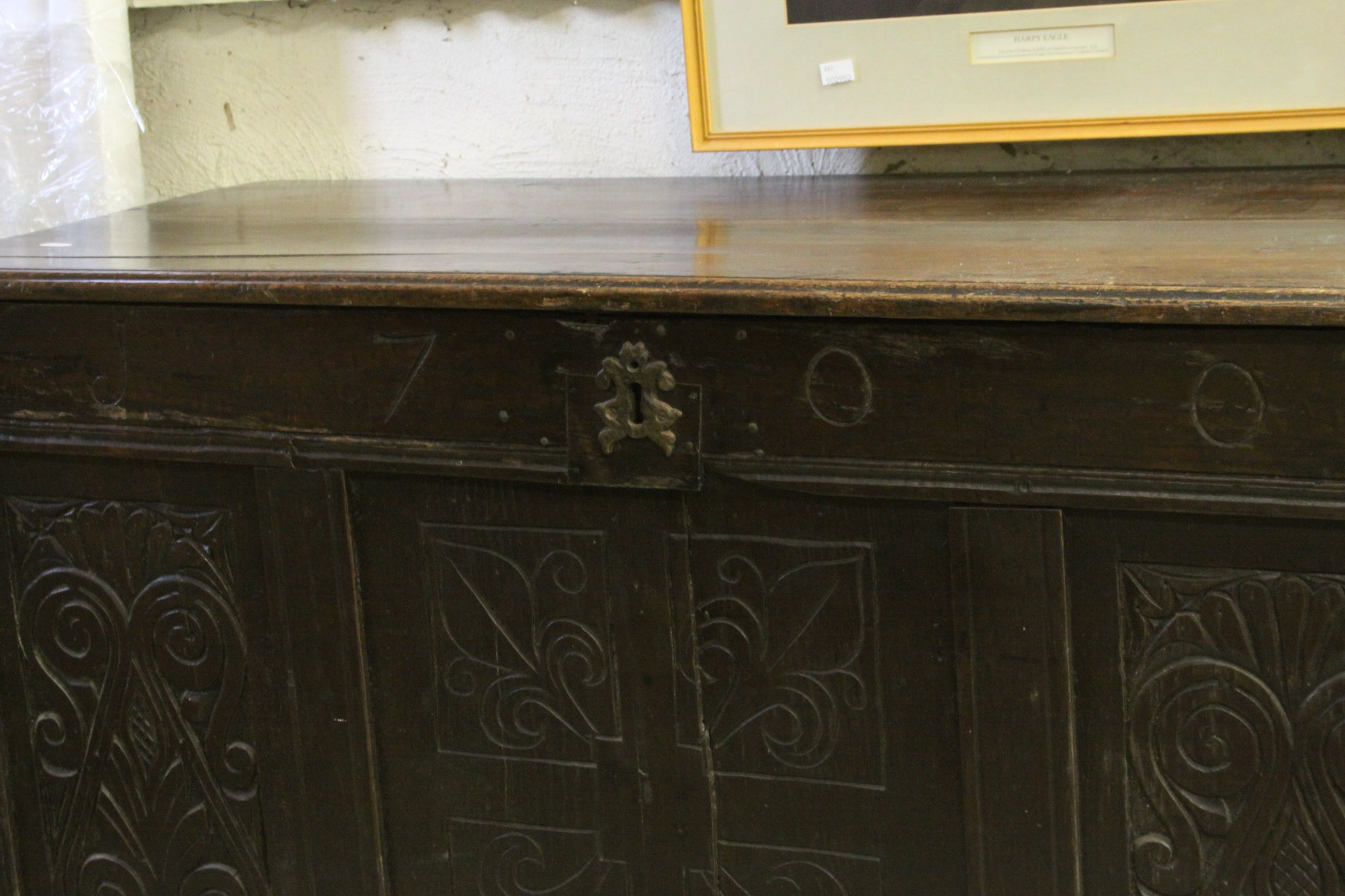*William and Mary Oak Joined Chest, with plain lid, the front with panelled sections and carved - Image 2 of 4