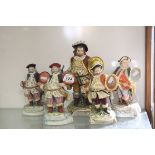 Five 19th Century Porcelain figures all hand painted depicting man with Sword & Shield, largest
