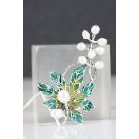 Silver Plique a Jour brooch set with freshwater pearls