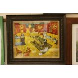 Impressionist scene oil painting figures, French Bistro with game table, signed