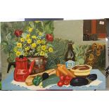 Oil on board still life study, table setting with flowers and vegetables, signed