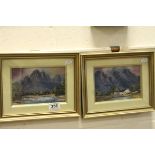 Pair of signed oil paintings lake scene with mountains in the background