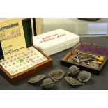 Six early 20th century aspic moulds, box containing engineering tools, Ever Ready first aid kit &