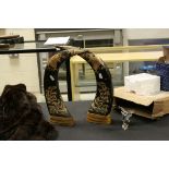 Pair of oriental carved horns with tiger decoration, a mink stole & three Shudehill boxed fairy