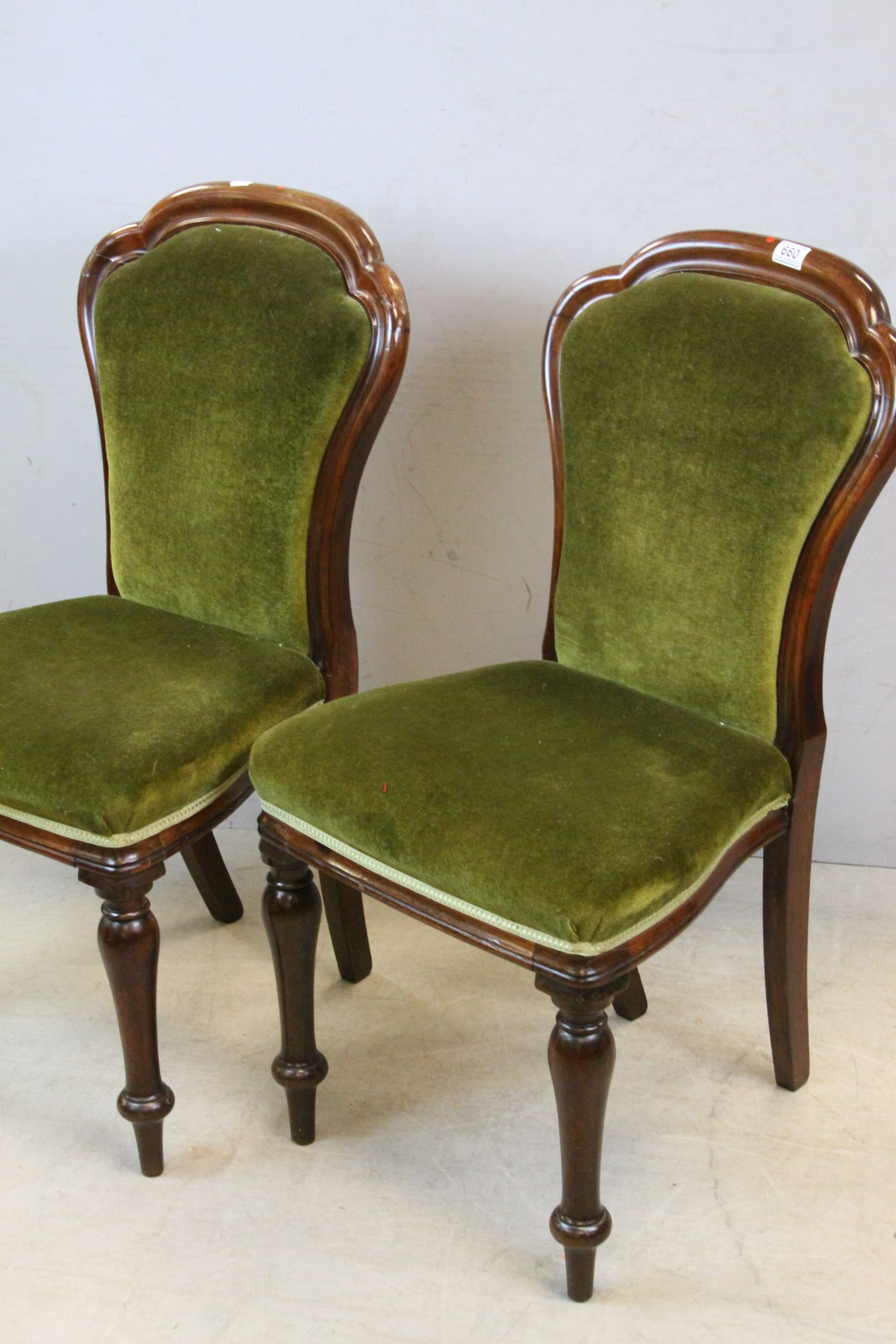 Pair of Victorian Mahogany Spoon Back Dining Chairs with Green Upholstered Backs and Seats - Image 2 of 3
