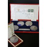Boxed 1953 Silver Medallion set of "Four Monarchs of the 20th Century" plus an 1897 Queen Victoria