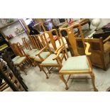 Set of Eight Queen Anne Style Oak Dining Chairs with Green Upholstered Drop-in Seats (including