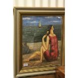 Framed oil painting of an Art Deco bathing belle with sailboat beyond