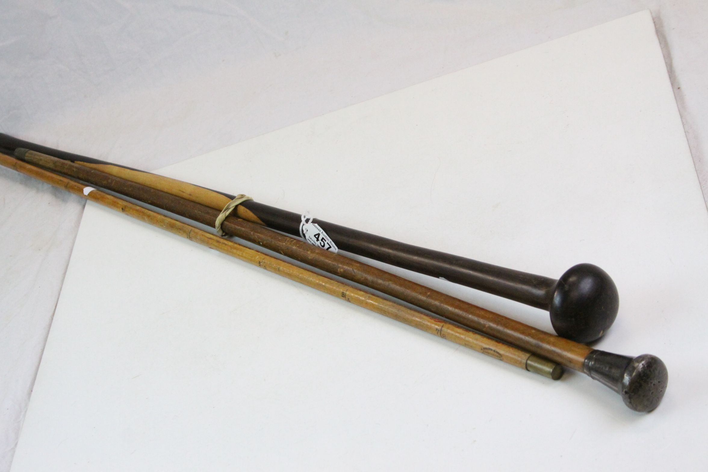 Early 20th century silver topped walking cane, a similar J Rabone tailor's measure & a hardwood