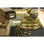 Gilt metal French mantle clock case, two fire irons, a spitjack & metal filing drawer