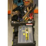 Box of various tools, Black & Decker drill with charger and spare battery, Stanley tool box