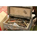 20th century wooden toolbox containing tools, to include pliers, spanners etc