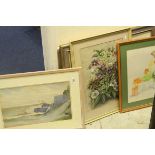 Watercolour by AJ Clayton of Flowers, a coastal scene, a print and another watercolour of flowers (