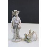 Lladro ceramic model of a Boy Fisherman plus another of a Rabbit with log, boy approx 22cm tall