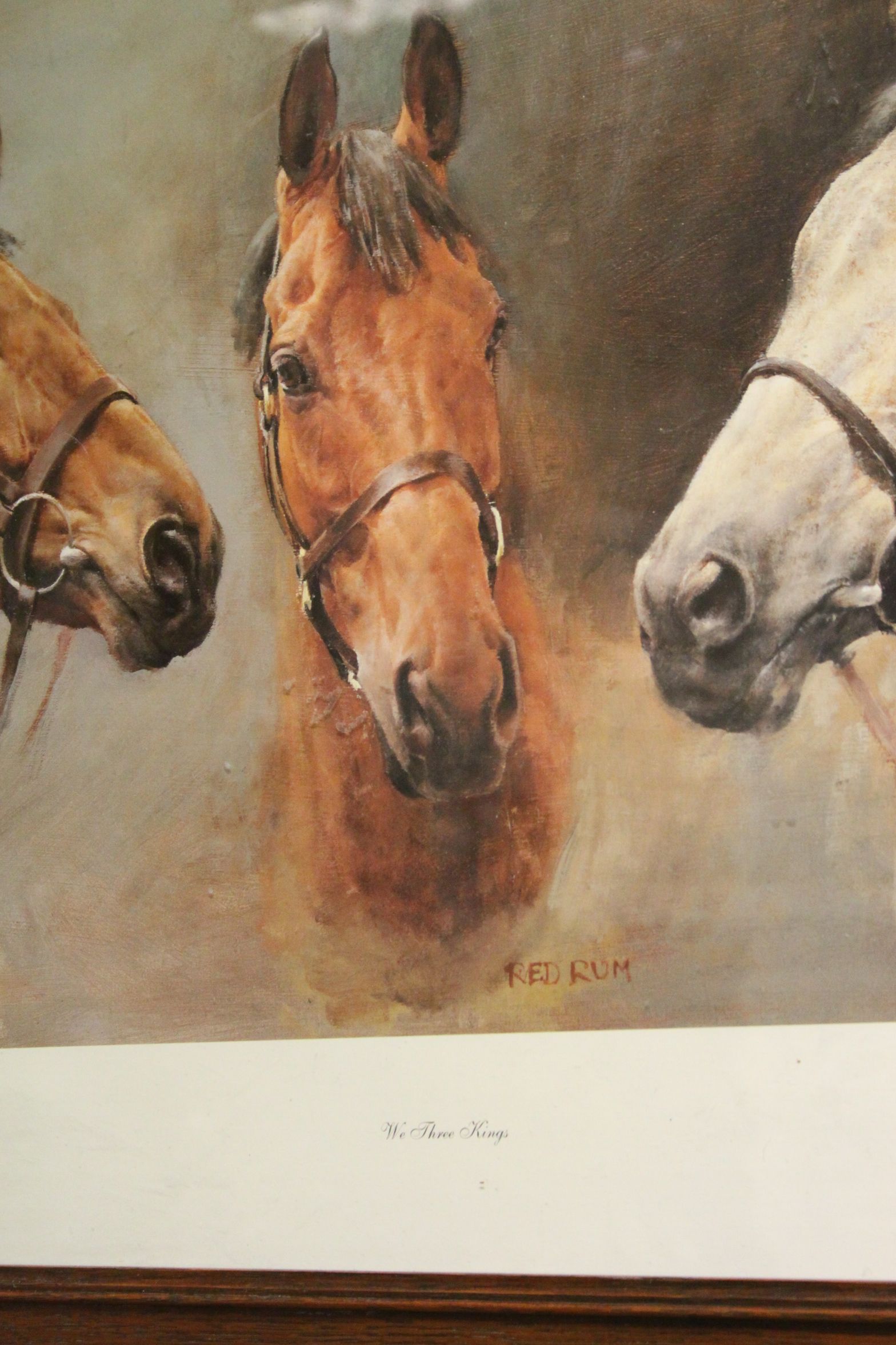 S L Crawford equine print of Arkle, Red Rum and Desert Orchid in an oak frame, approx.48cm x 73cm - Image 2 of 3