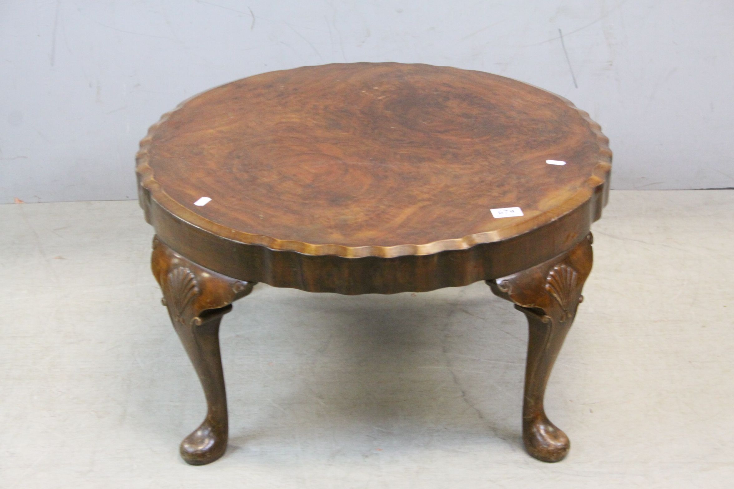 1930's / 40's Walnut Circular Coffee Table with crimped edge, raised on Cabriole Legs (with label