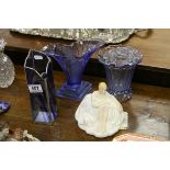 Tiffany style blueglass vase, two other blueglass vases & Royal Doulton figure Joanne