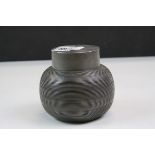 Pewter tea caddy of spherical reeded form, complete with interior lid and cover, height