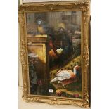 Gilt framed oil painting classical scene with exotic birds, fruit and fauna, approx 74cm x 48.5cm