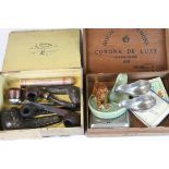 Two Cigar boxes of mixed vintage Smoking collectables to include a cased Meerschaum pipe, Wade