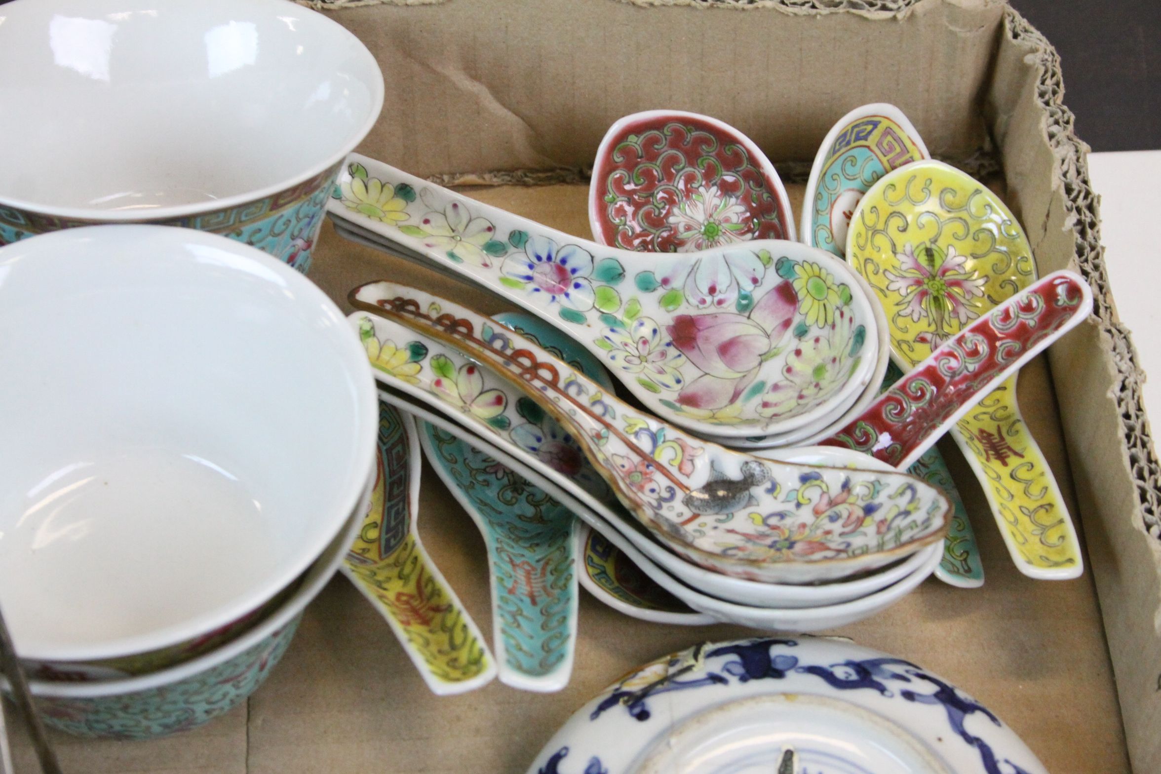 Box of mixed Oriental ceramics, mainly Tea service plus a Silver plated Toast rack - Image 4 of 5