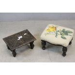 Small 17th century Style Oak Carved Stool, 30cms long x 16cms high together with another Footstool