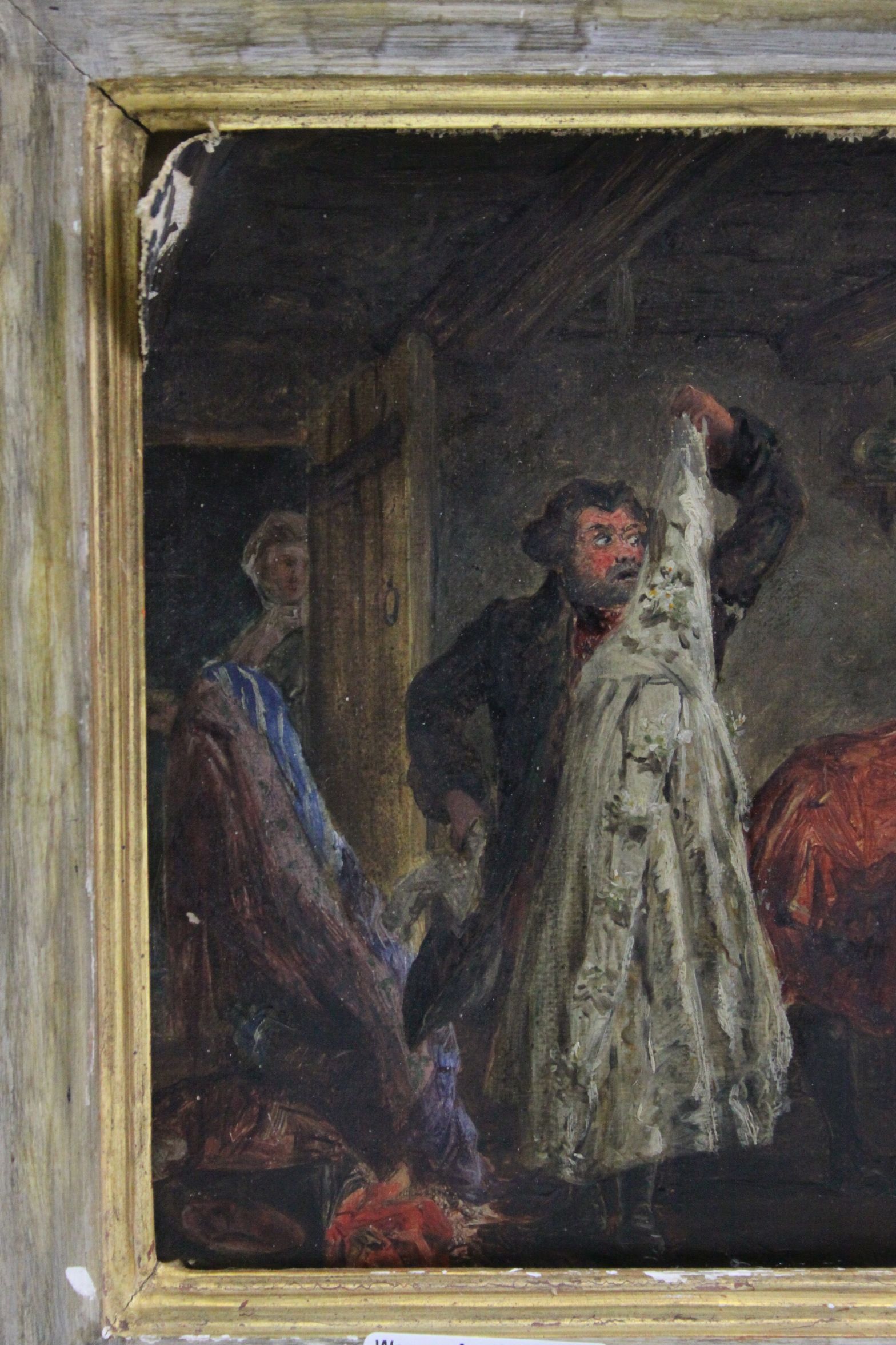 Wood backed Gilt framed Oil on canvas of a Tax collector scene with label to verso for G Golzen, - Image 3 of 4