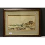 Framed early 20th century watercolour, rural river scene, with figure on bridge, signed under the