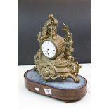 French key wind Gilt metal Mantle clock with learned Figure finial & Enamel dial, maker marked "A.L"