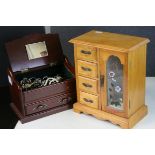 Two wooden Jewellery boxes with contents, mainly Costume jewellery