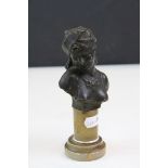 Bronzed spelter sculpture of a classical bust of a woman on an alabaster plinth, signed