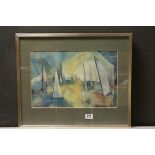 Pastel of stylized sailing dinghies signed Mary Pappin lower right