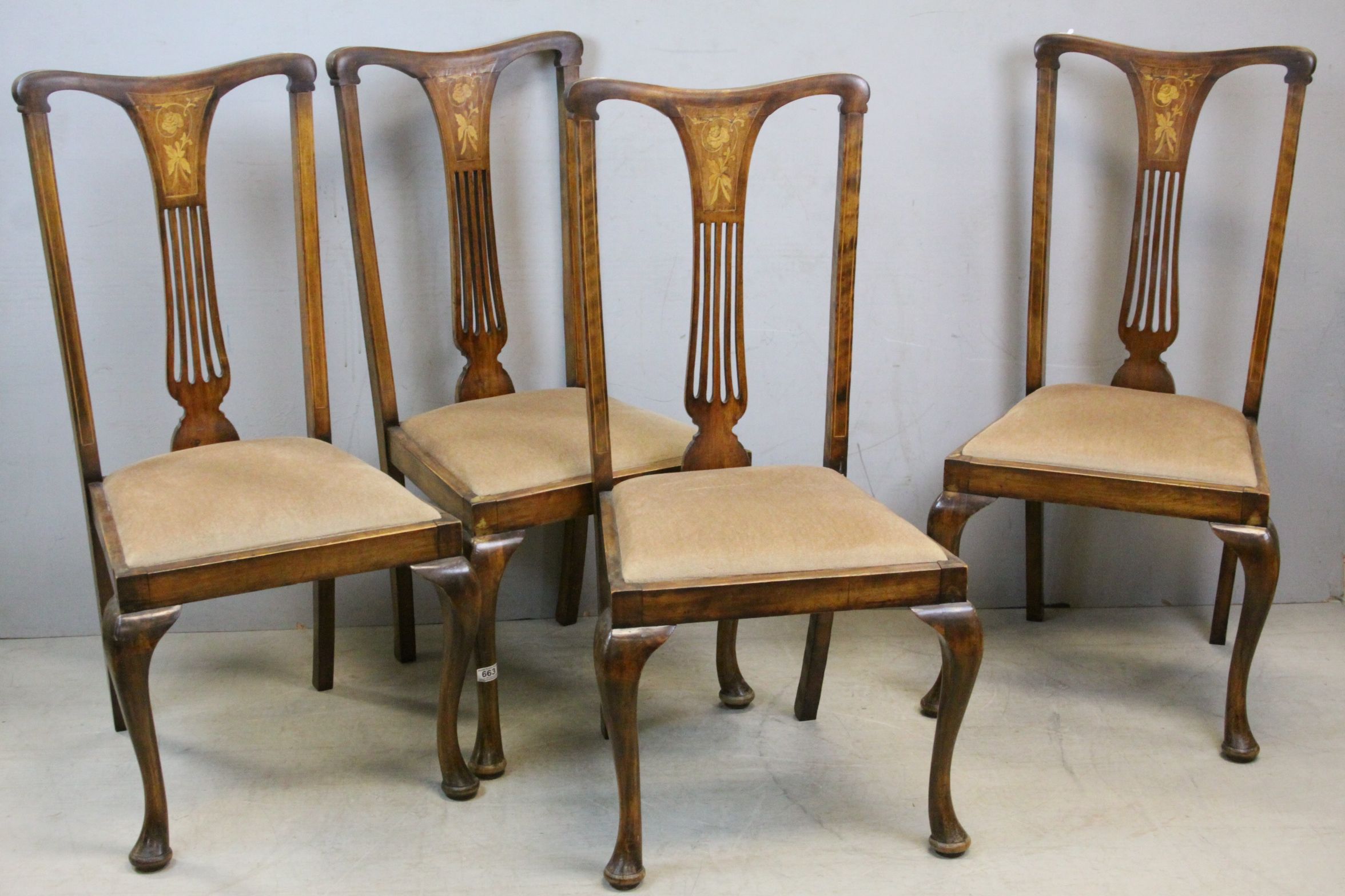 Set of Four Early 20th century Dining Chairs with Floral Inlaid and Pierced Splats, Drop in Seats