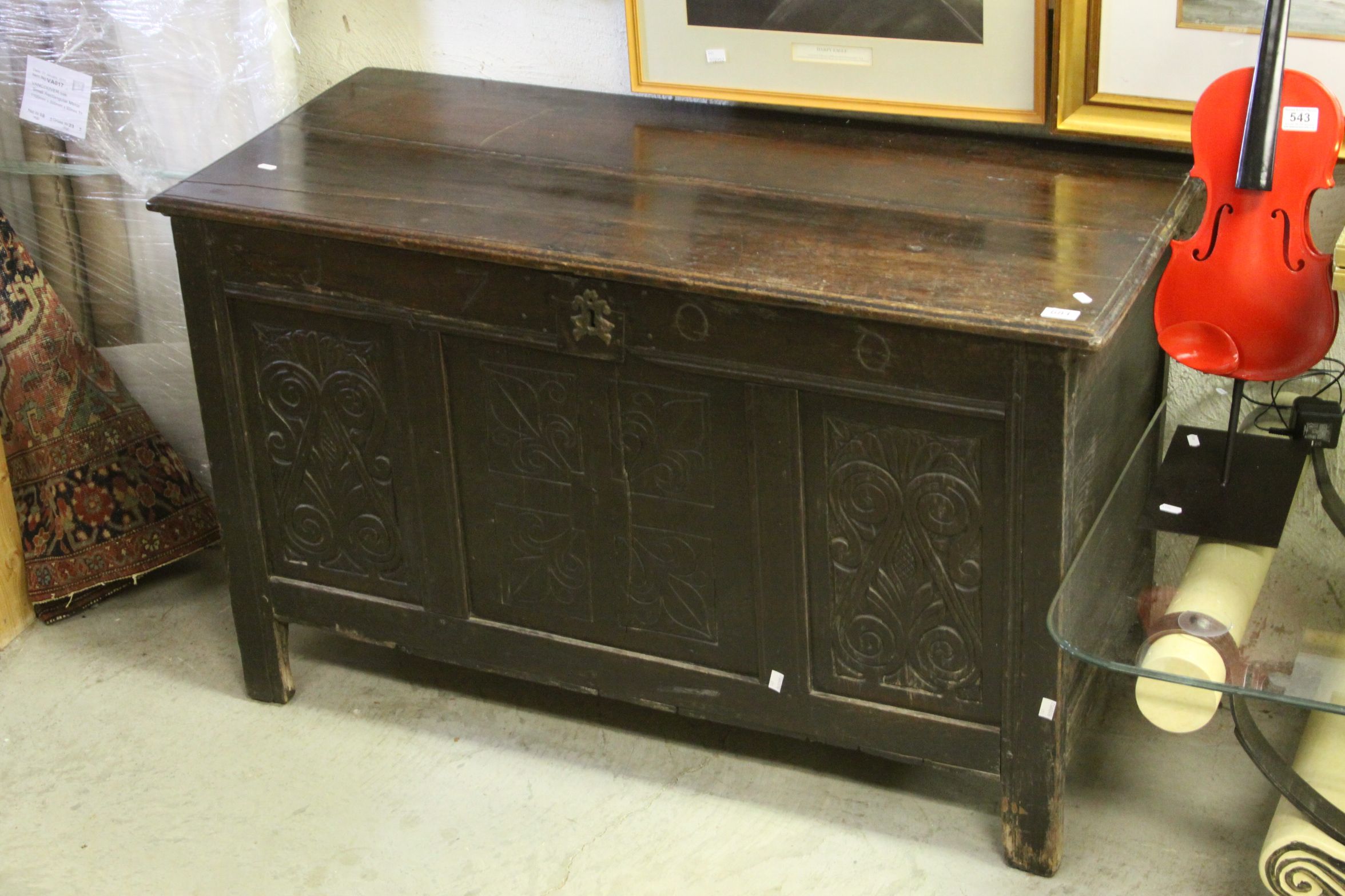 *William and Mary Oak Joined Chest, with plain lid, the front with panelled sections and carved