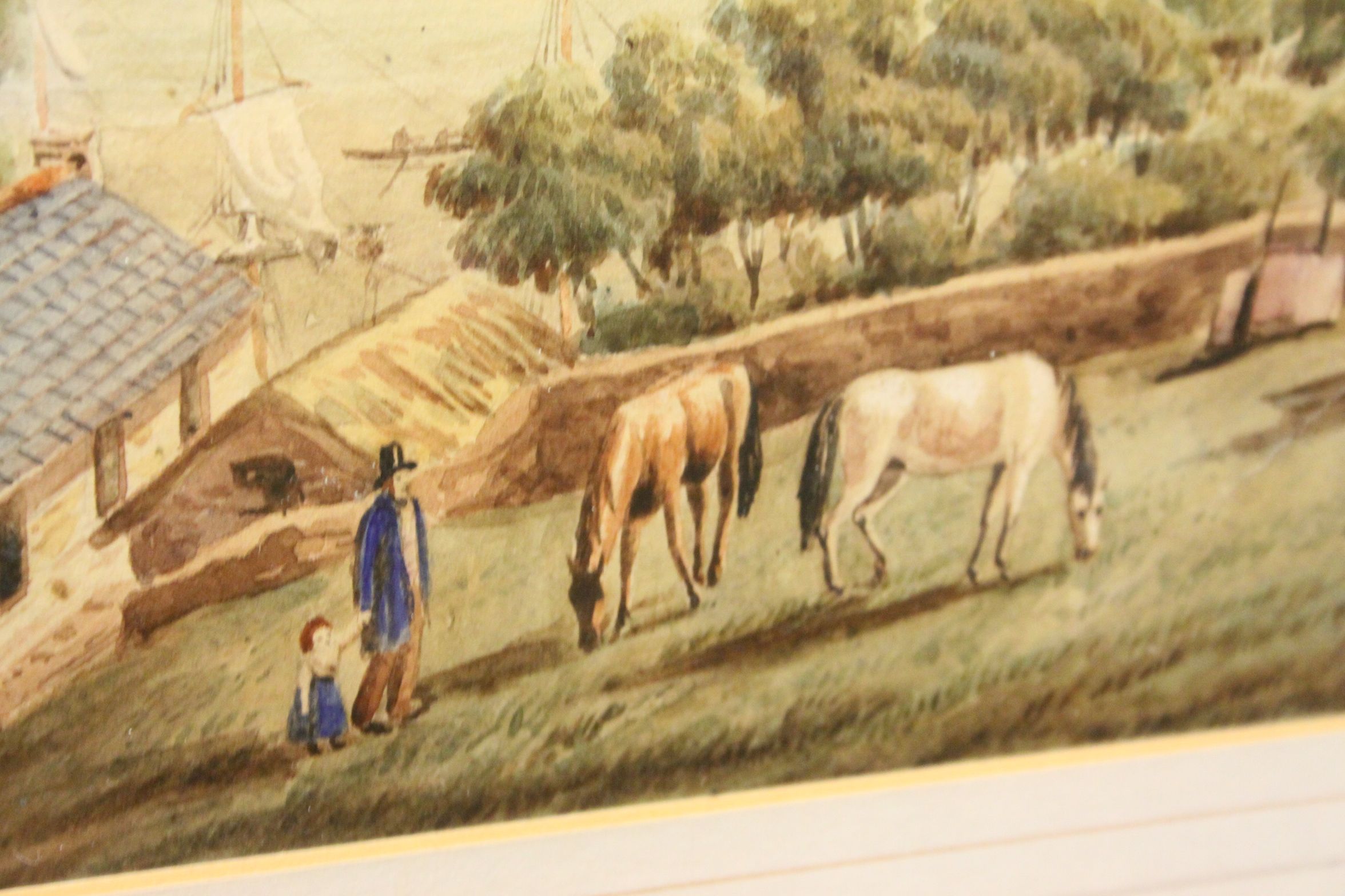 Late 19th century framed watercolour, estuary scene with tall ships, figures and horses to - Image 3 of 3