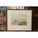 Late 19th century framed watercolour, estuary scene with tall ships, figures and horses to